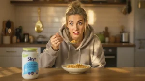 Gesundes Frühstück: Hafermüsli mit Skyr, Blaubeeren, Kiwi und gerösteten Nüssen, das lange satt macht